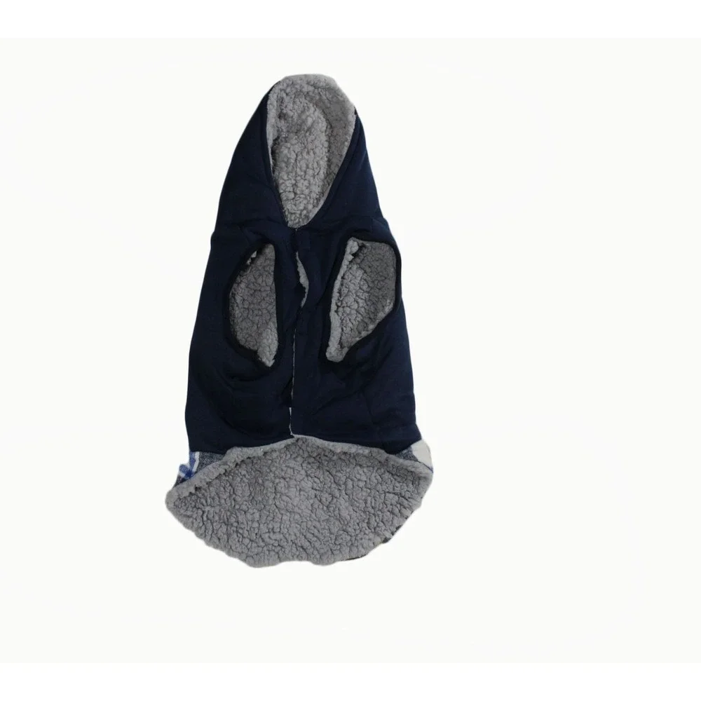 Dog Jacket Navy Blue and Plaid Pieced Style w/‎ Sherpa Lining andToggles Size S